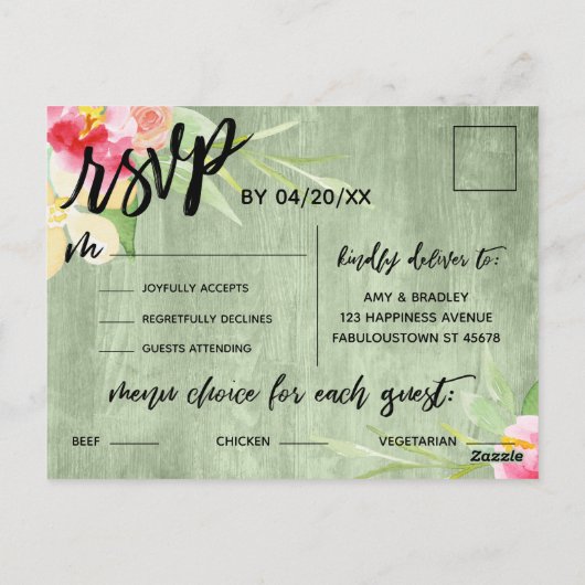 Rustiek Groen Hout Boho Bloemen Menu Keuze (Achterkant)