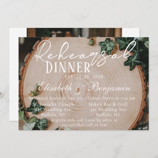 Rustiek groen & hout slice repetitie diner kaart (Voorkant / Achterkant)