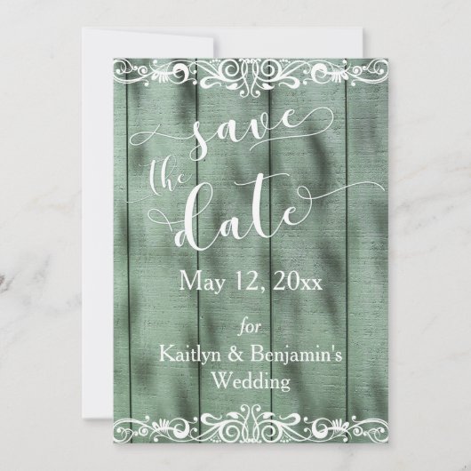 Rustiek Groen Hout Wit Scrollwork Save the Date (Voorkant)