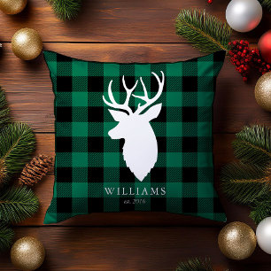 Rustiek Groen Plaid en Rendier Kerstmis Kussen