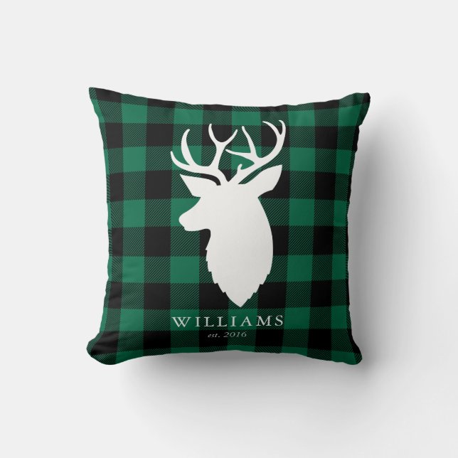 Rustiek Groen Plaid en Rendier Kerstmis Kussen (Voorkant)