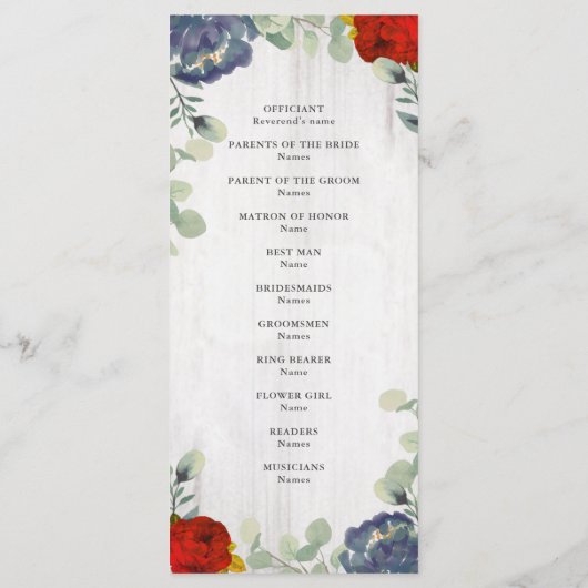 Rustiek groen Rood Blauw Bloemen Trouwprogramma Programma (Achterkant)
