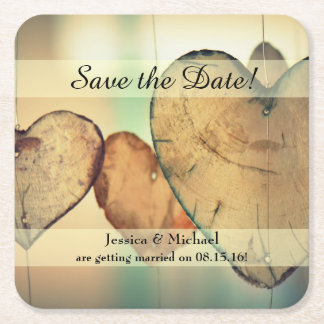 Rustiek Hanging Wood Hearts Save the Date Vierkante Kartonnen Onderzetter