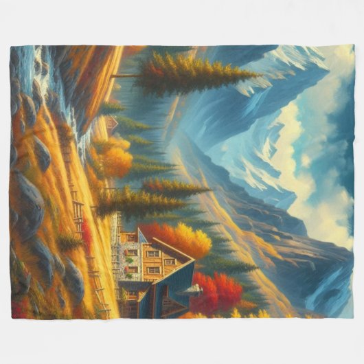 Rustiek, Herfst berg huisje & rivier Fleece Deken (Voorkant (Horizontaal))