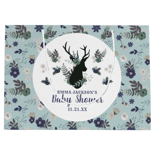 Rustiek Hertenhoofd Blauw Bloemen Modern Baby show Groot Cadeauzakje (Voorkant)