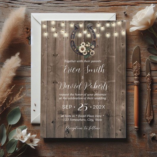 Rustiek Hoefijzer & String Lights Paardenbruiloft Kaart