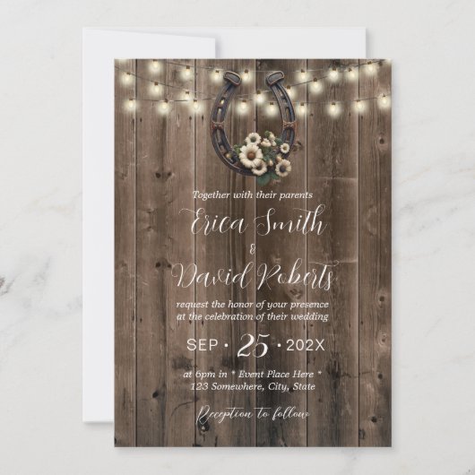 Rustiek Hoefijzer & String Lights Paardenbruiloft Kaart (Voorkant)