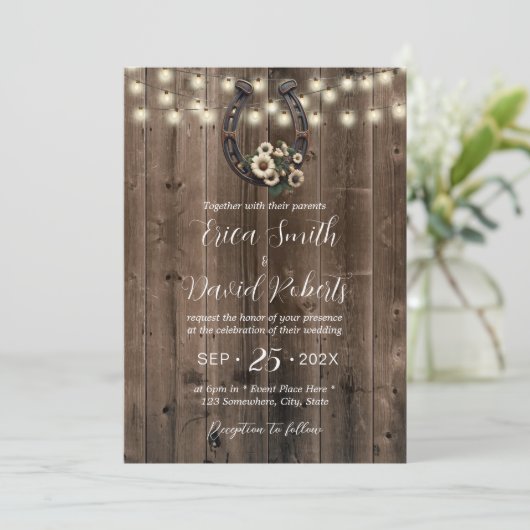 Rustiek Hoefijzer & String Lights Paardenbruiloft Kaart (Staand voorkant)