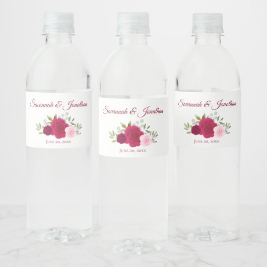 Rustiek Hot Roze Magenta & Blush Rozen bruiloft Waterfles Etiket (Flessen)