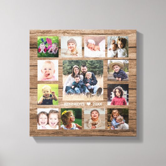 Rustiek hout 13 foto collage familienaam Keepsake Canvas Afdruk (Voorkant)