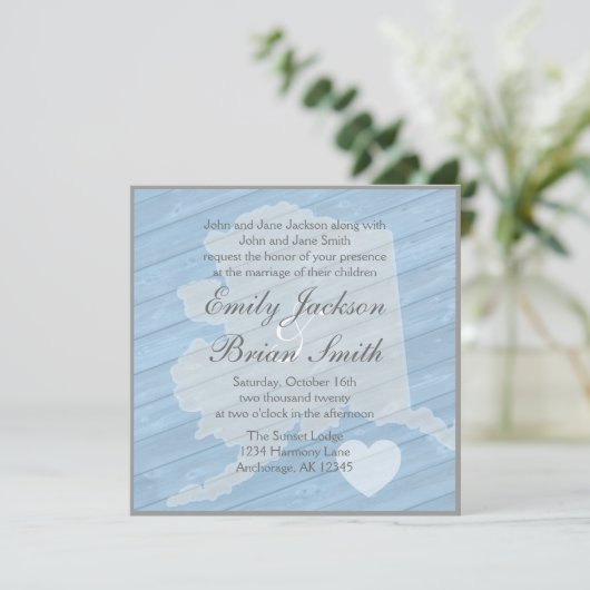 Rustiek hout Alaska staat blauw bruiloft uitnodigi Kaart (Staand voorkant)