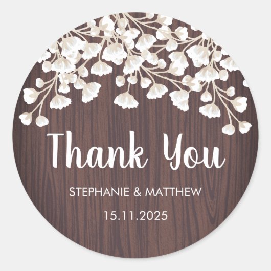Rustiek hout baby's adem bloemen dank u bruiloft ronde sticker (Voorkant)