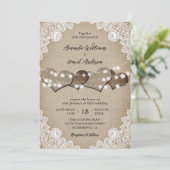Rustiek Hout Beige Burlap Witte Bloemen Lace Weddi Kaart (Staand voorkant)