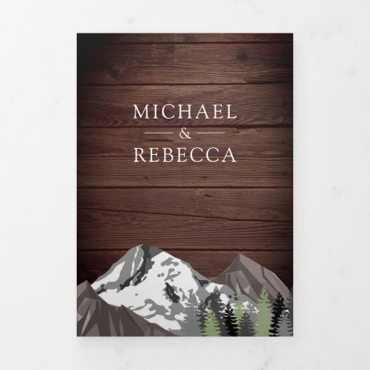  rustiek hout berg bos foto bruiloft drieluik uitnodiging (Cover)