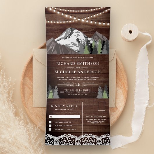 Rustiek Hout Berg Bos String Lights Bruiloft Drieluik Uitnodiging