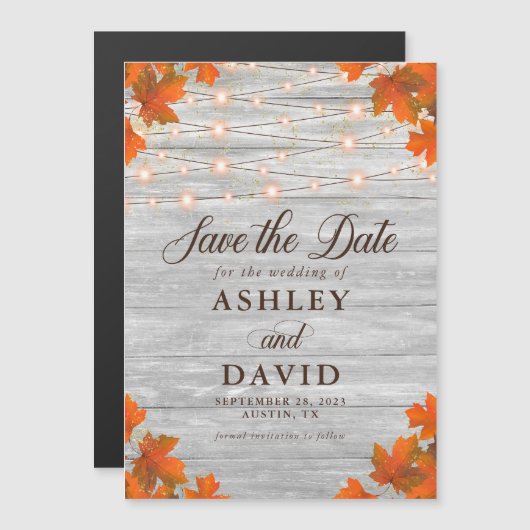 Rustiek Hout Bewaar de datum String Lights Bruilof Magnetische Uitnodiging (Voorkant / Achterkant)