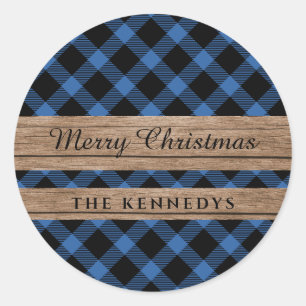 Rustiek Hout Blauw en Zwart Buffel Plaid Kerstmis Ronde Sticker
