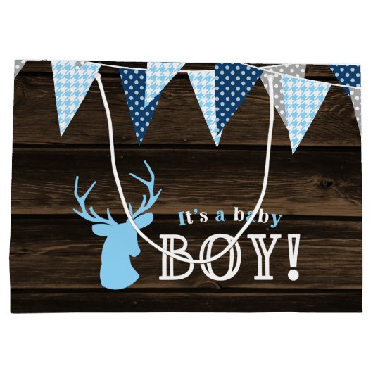 Rustiek Hout Blauw Herten Jongen Baby shower Groot Cadeauzakje (Achterkant)