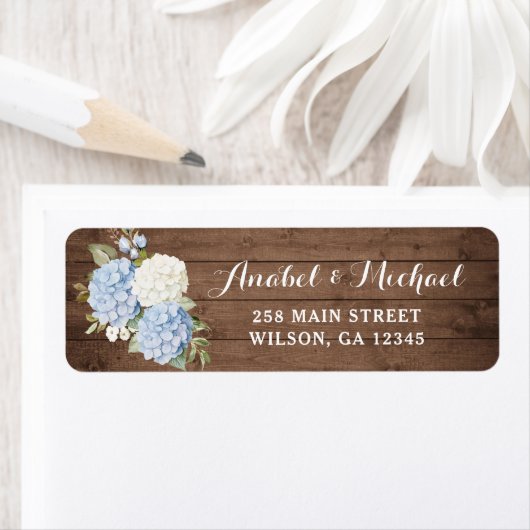 Rustiek hout blauw Hydrangea retour adres label (Insitu)