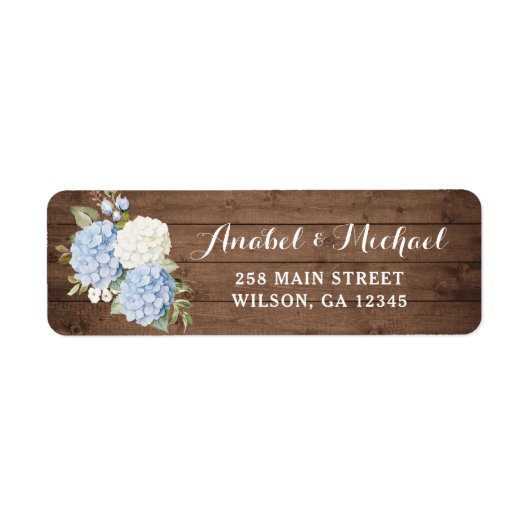 Rustiek hout blauw Hydrangea retour adres label (Voorkant)