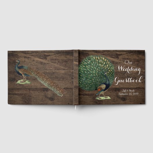 Rustiek Hout Blauwgroen Feather Peacock Bruiloft Gastenboek (Volledig)