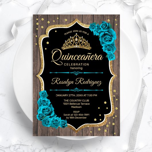 Rustiek Hout Blauwgroen Goud Quinceanera Kaart