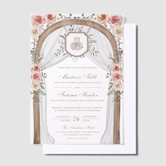 Rustiek Hout Bloemen Boog Islamitische Moslim Huwe Vellum Uitnodigingen (Offset)