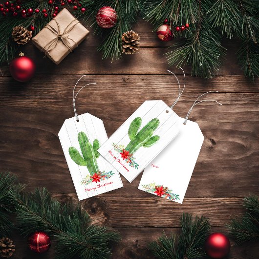 Rustiek hout bloemen cactus kerst cadeaulabel