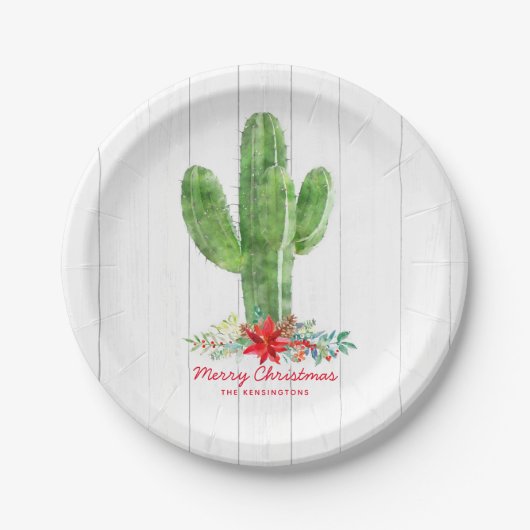 Rustiek hout bloemen cactus kerst papieren bordje (Voorkant)