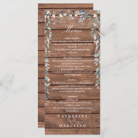 Rustiek Hout Bloemen Cascade Monogram Bruiloft Din Menu (Voorkant / Achterkant)