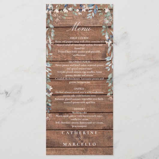 Rustiek Hout Bloemen Cascade Monogram Bruiloft Din Menu (Voorkant)