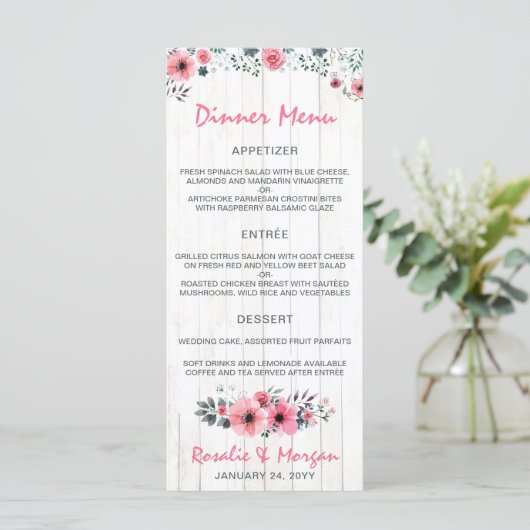 Rustiek Hout Bloemen Land Bruiloft Diner Menu (Staand voorkant)