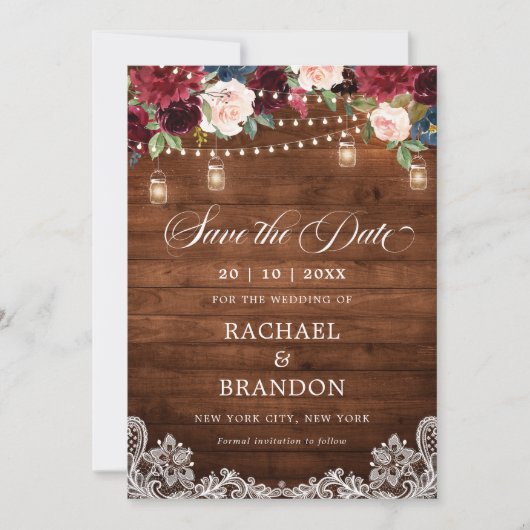 Rustiek Hout Bloemen Mason Jar Save the Date (Voorkant)