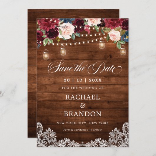 Rustiek Hout Bloemen Mason Jar Save the Date (Voorkant / Achterkant)