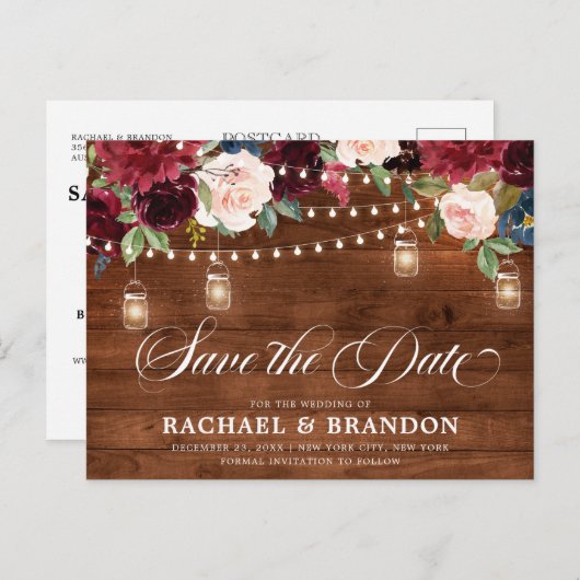 Rustiek Hout Bloemen Mason Jar Save the Date Briefkaart (Voorkant / Achterkant)