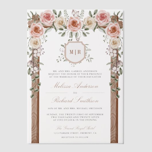 Rustiek Hout Bloemen Monogram Crest Canopy Wedding Vellum Uitnodigingen (Voorkant)