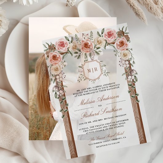 Rustiek Hout Bloemen Monogram Crest Canopy Wedding Vellum Uitnodigingen