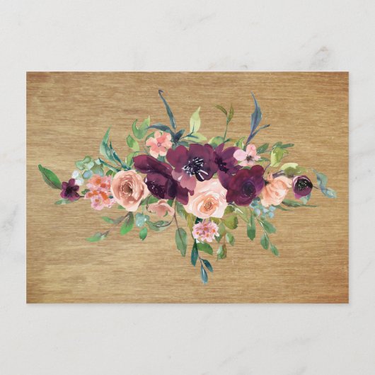 Rustiek hout bloemenbordeaux bruiloft receptie informatiekaartje (Achterkant)