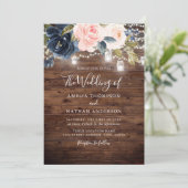 Rustiek Hout Blush Marine Bloemen Lichten Trouwen Kaart (Staand voorkant)