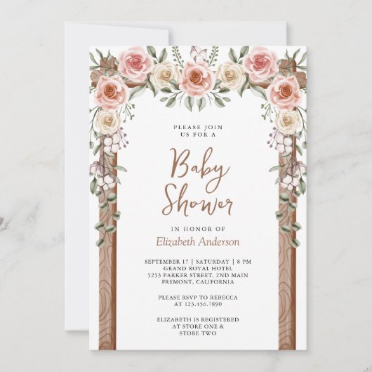 Rustiek Hout Boho Bloemen Foto Canopy Baby shower Kaart (Voorkant)