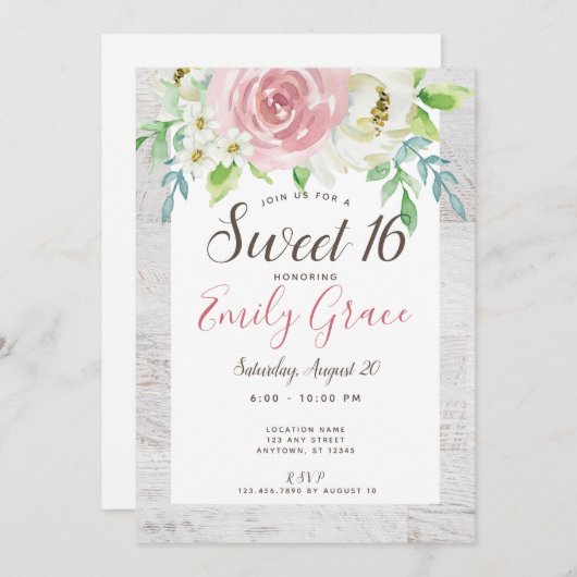 Rustiek Hout Boho Bloemen Zoet 16 Verjaardag Kaart (Voorkant / Achterkant)