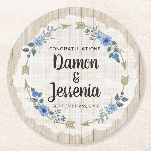 Rustiek hout Boho pijlen & blauwe bloemenbruiloft Ronde Kartonnen Onderzetter (Voorkant)