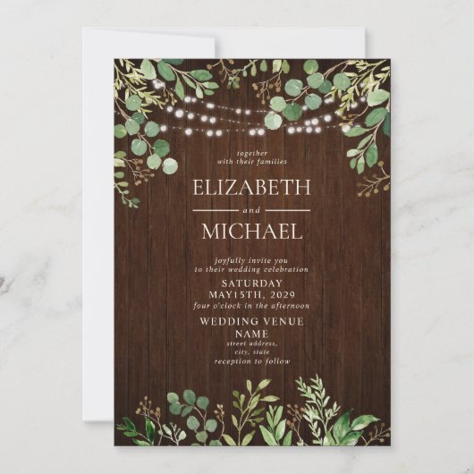 Rustiek Hout Botanicals String Lights Foto Huwelij Kaart (Voorkant)