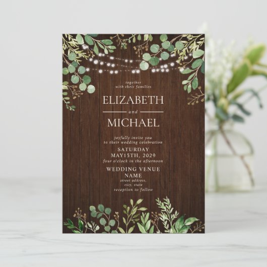 Rustiek Hout Botanicals String Lights Foto Huwelij Kaart (Staand voorkant)