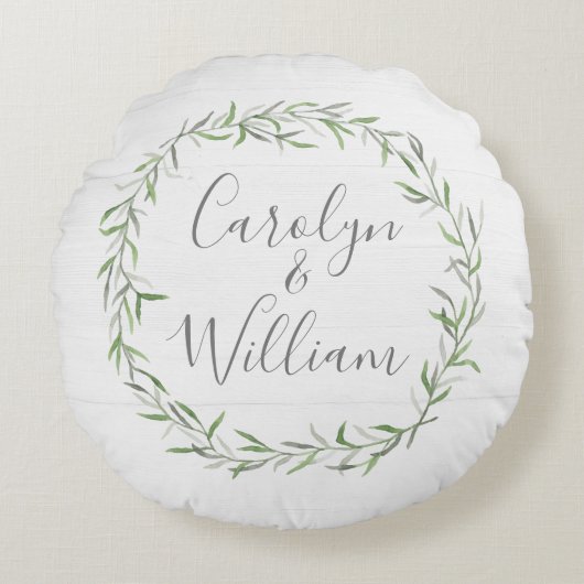 Rustiek hout & botanische bladeren krans bruiloft rond kussen (Voorkant)