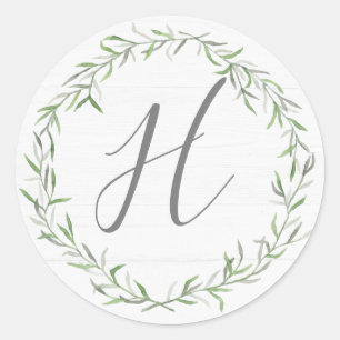 Rustiek hout & Botanische bladeren Monogram brief Ronde Sticker