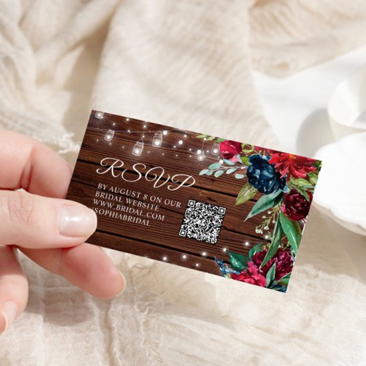 Rustiek Hout Bourgogne Bloemen Bruids RSVP QR Code Informatiekaartje