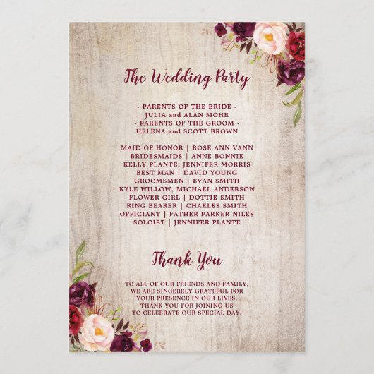 Rustiek Hout Bourgondië Bloemen Huwelijksceremonie Programma (Achterkant)