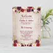 Rustiek Hout Bourgondië Bloemen Huwelijksceremonie Programma (Staand voorkant)