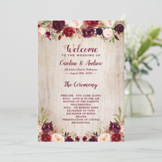 Rustiek Hout Bourgondië Bloemen Huwelijksceremonie Programma (Staand voorkant)